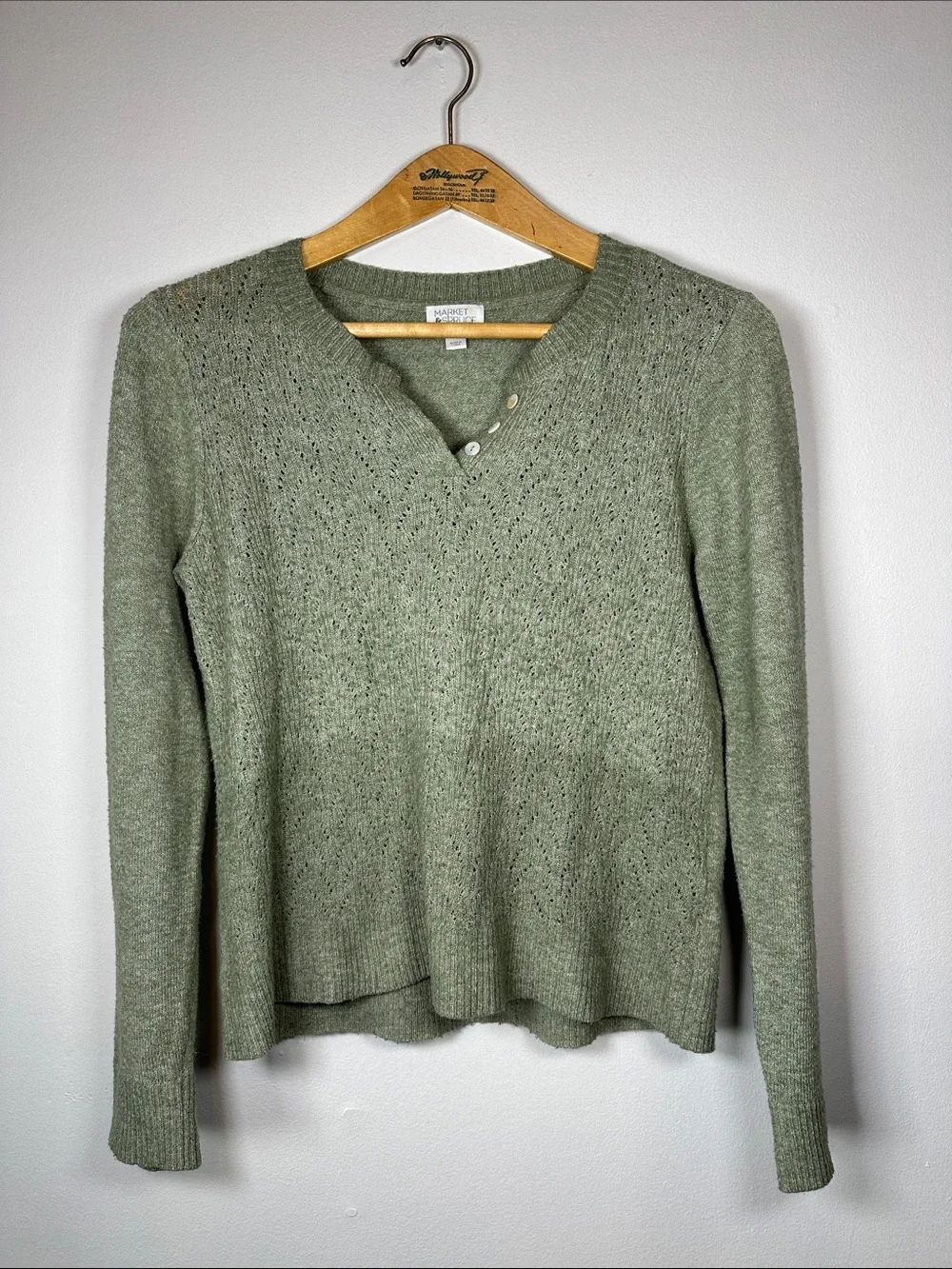 Market & Spruce Henley Sweater Pointelle Knit Size M Sage Green Preppy Fall Cozy